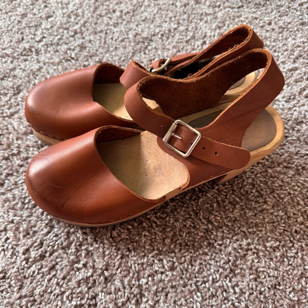 MIA Brown Leather Abba Clogs Size 36 US 6 Luggage Swedish 70’s Hippie Boho - Picture 7 of 11